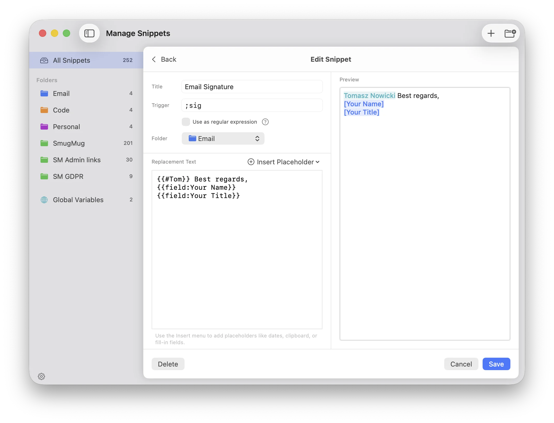 Creating a snippet with placeholders